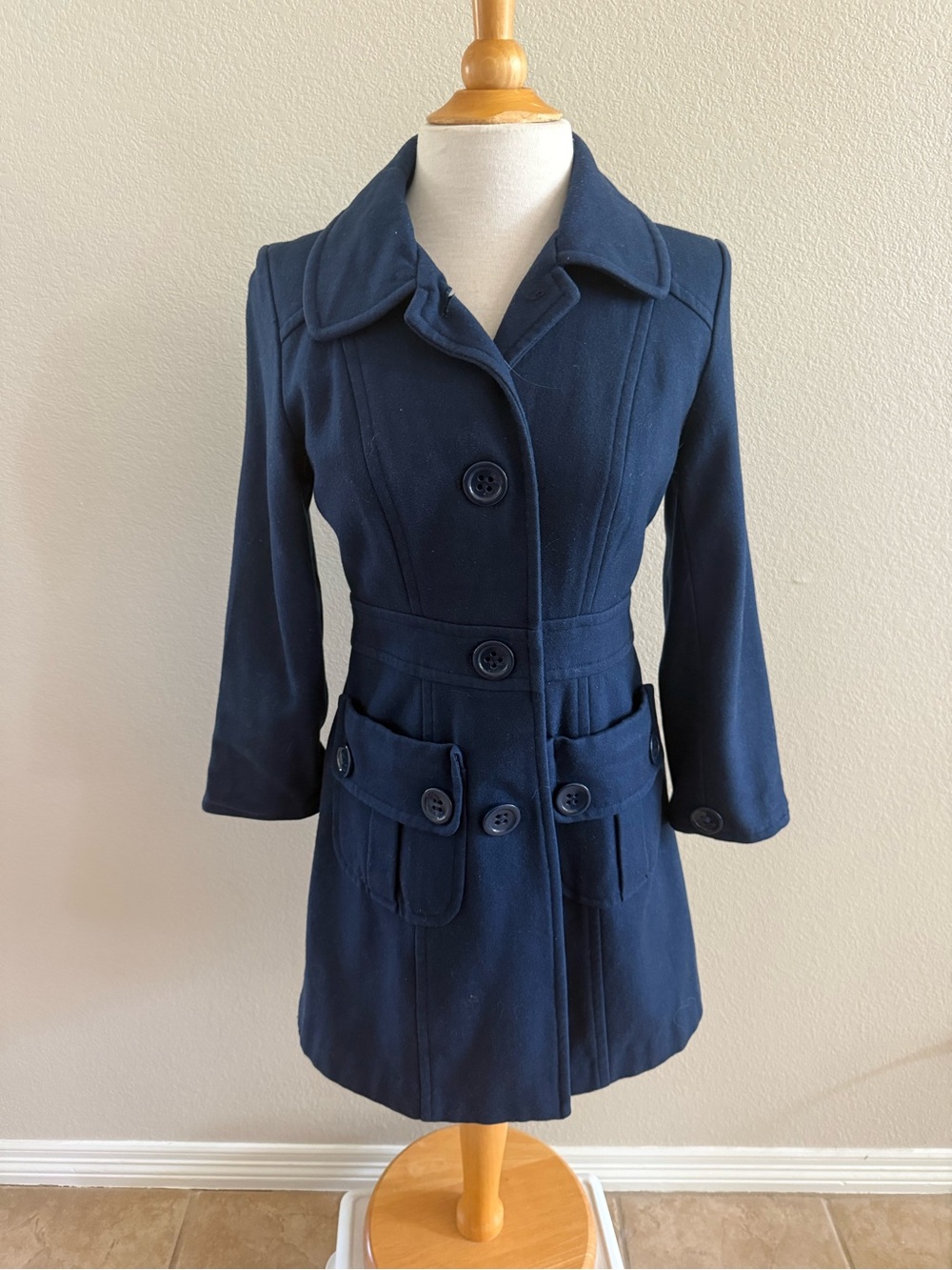 Tulle Anthropologie Navy Blue Wool Blend Collared Lined Overcoat Size S